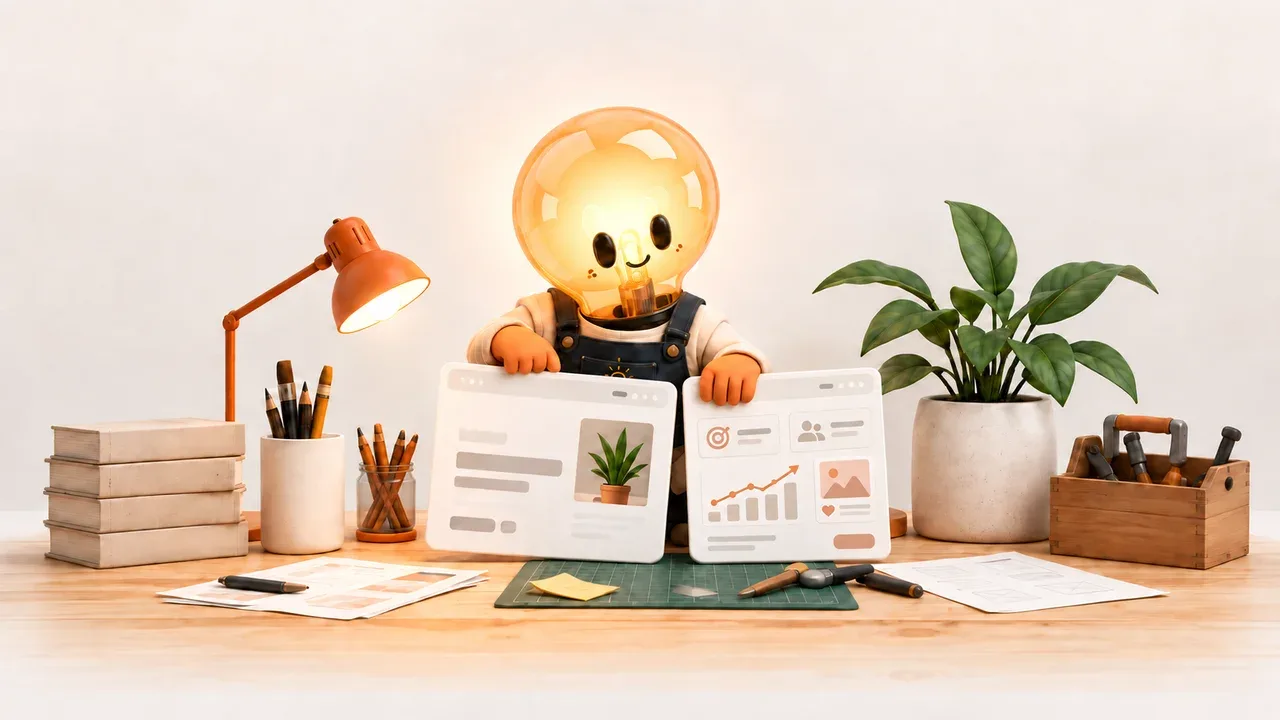 Amber lightbulb mascot holding a website panel on the left and a digital marketing dashboard on the right.