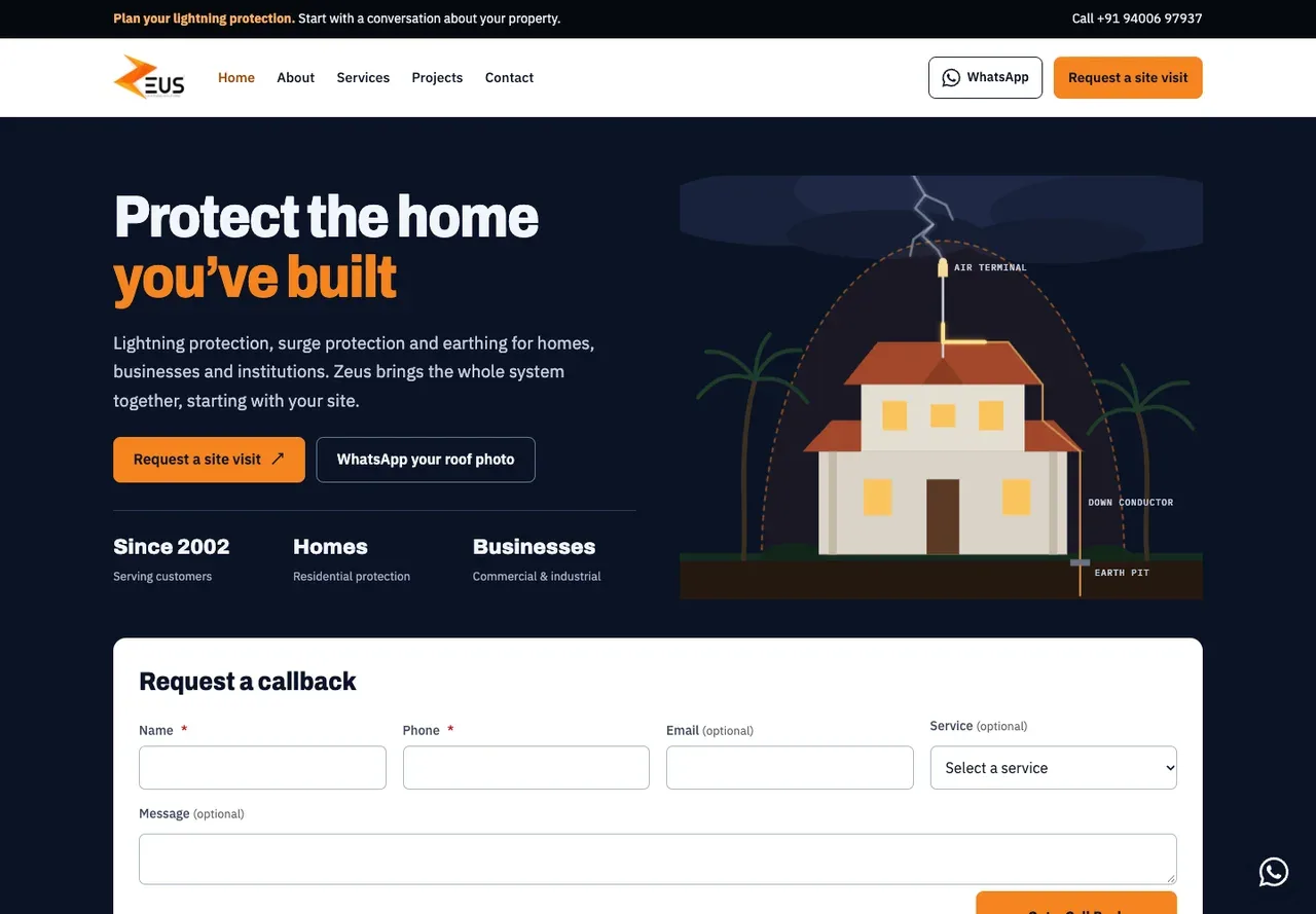 Zeus Lightning Solutions website screenshot